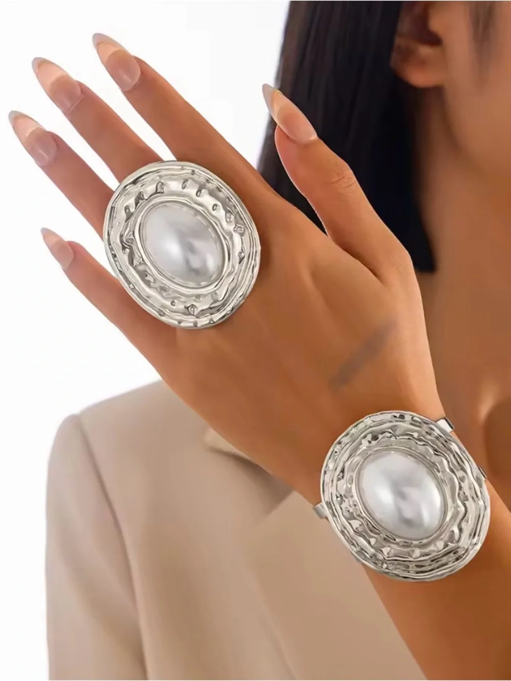 Silver-Tone Statement Pearl Cabochon Ring and Cuff Bracelet Set